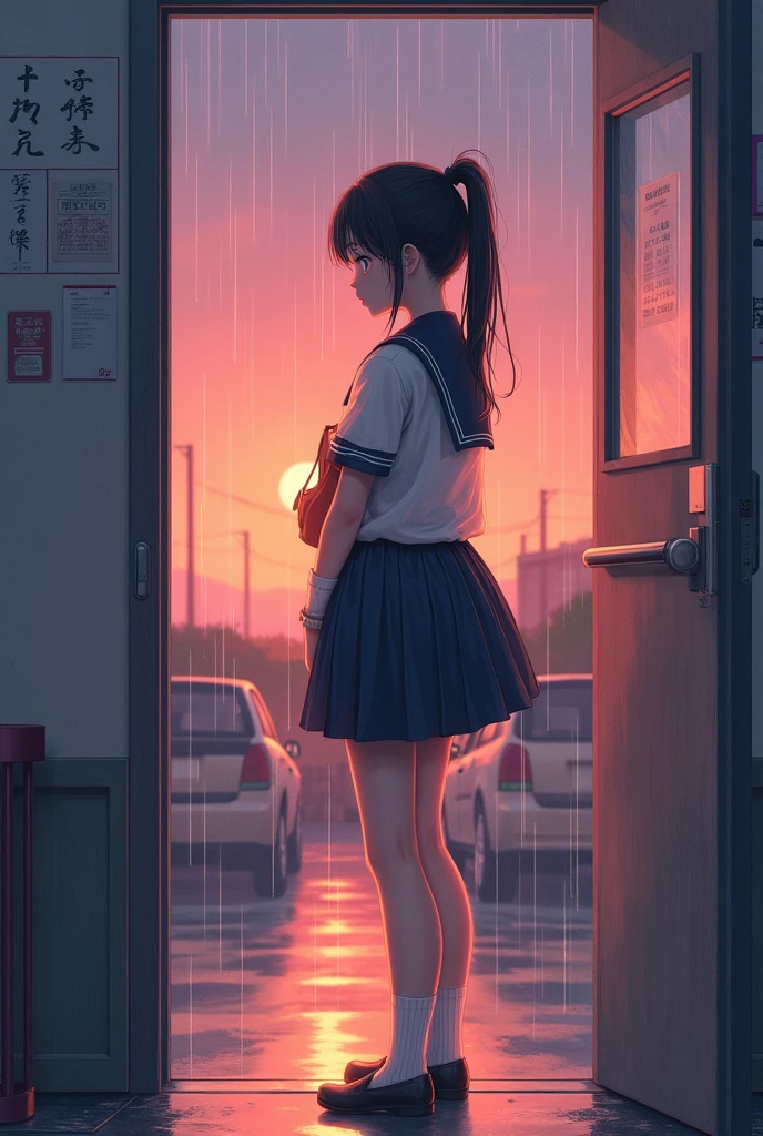 high school girl、Sheer sailor suit(buzzer服、Wet and transparent)、Navy Pleated Skirt、socks、loafers、ponytail、school bag、buzzer、Sudden Sunset(rain)、
