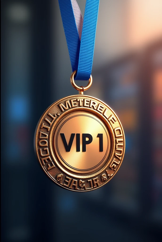 (Photorealism:1.2), beautiful medal with two-color ribbon((blue and white colors))necklace pendant "VIP 1", ((Hyper-Realism)), make this medal as a celebration of "VIP 1" from the company, paying homage, Write the name : ((Raphael Fraga Damaceno, from Royal Vending Company)).
