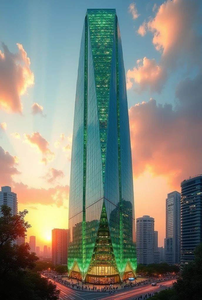 Generates a 105-story summit building made of green and cyan glass