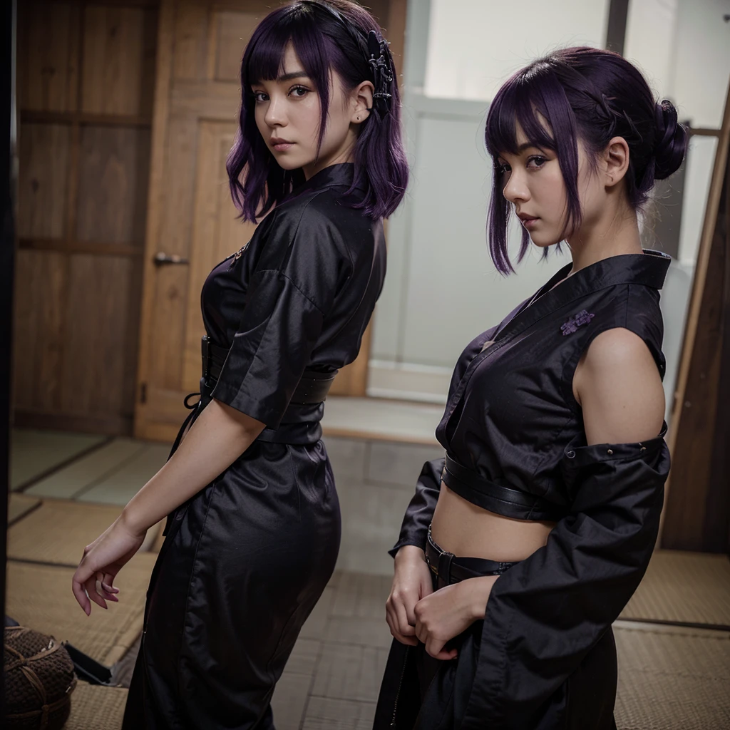 Hyper-Realistic image, 8K RAW, cinematography, long shot, wide screen, a Japanese girl cosplaying the anime character Konan, a member of Akatsuki, has short, straight lavender colored hair in a bun, yellow eyes with lavender eyeshadow, and labret piercing, Konan's eyelashes are shown as diagonal lines at the bottom corners of her eyes, she wore light blue paper flowers as a hair bun, his facial expression is neutral, wearing casual clothes with a black apron with a pattern of red mega clouds, the Akatsuki symbol, cooking in a clean modern kitchen, his fingers were performing a jutsu movement, Meanwhile, lots of papers containing cooking recipes were flying around.