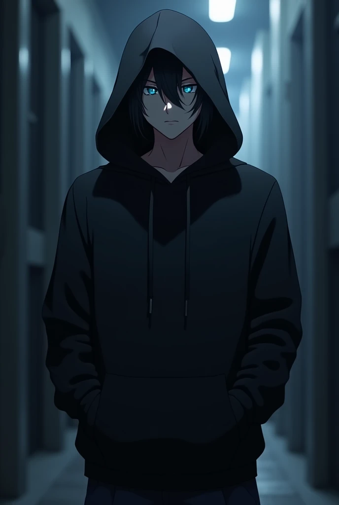 3d boy, 4K or 8K image, アニメ, showing the body above the waist, black hood covering the face, blue eyes in the darkness of their face, standing looking forward, with hands in the pocket of the hood, full body image of the character, face hidden in the darkness of the hood, only blue eyes showing.