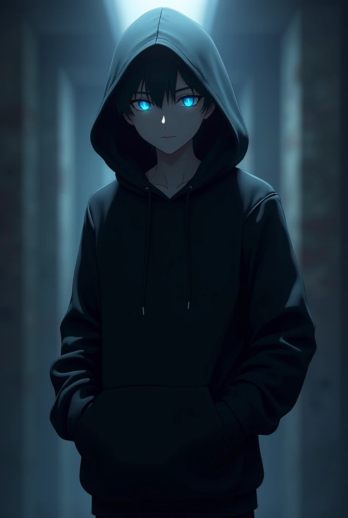 3d boy, 4K or 8K image, アニメ, showing the body above the waist, black hood covering the face, blue eyes in the darkness of their face, standing looking forward, with hands in the pocket of the hood, full body image of the character, face hidden in the darkness of the hood, only blue eyes showing.