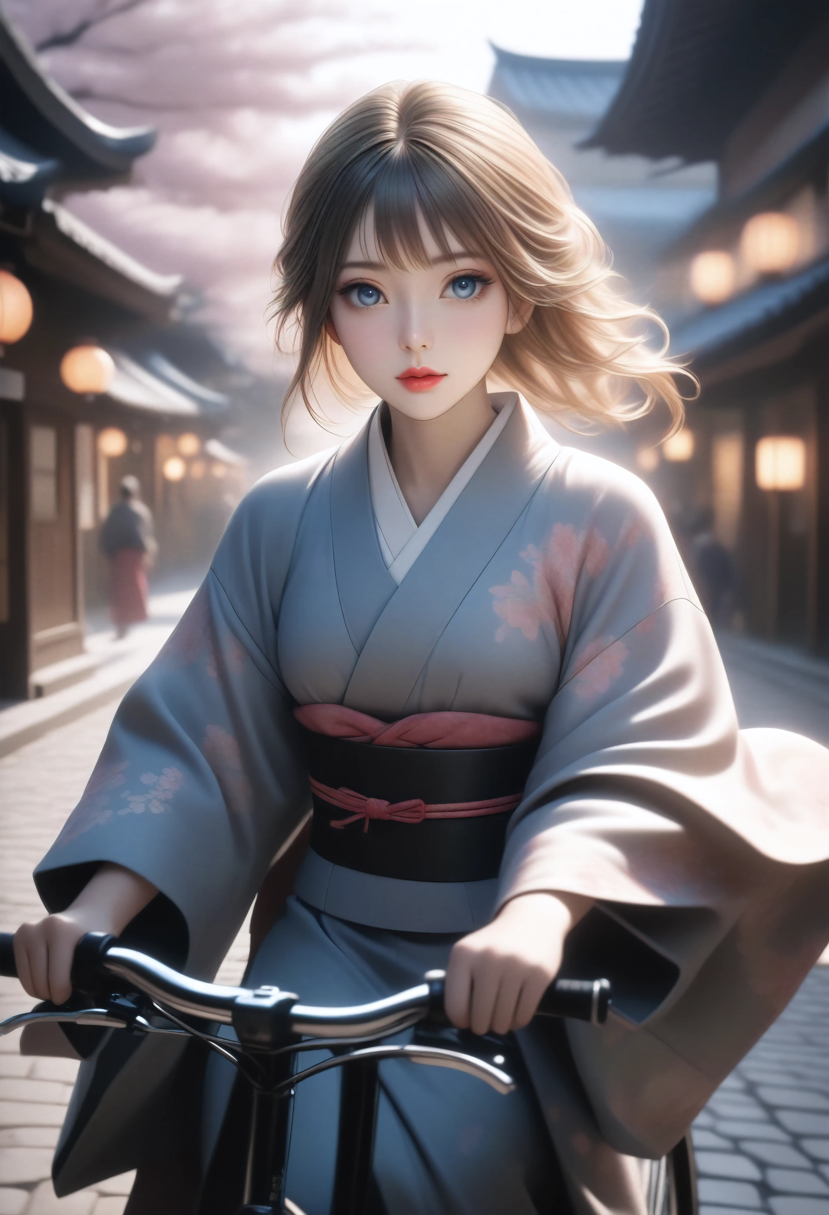 a woman wearing a traditional japanese kimono riding a japanese style bicycle, in an edo period castle town, beautiful detailed eyes, beautiful detailed lips, extremely detailed eyes and face, long eyelashes, detailed traditional japanese clothing, intricate kimono patterns, detailed architectural background, cobblestone streets, traditional japanese buildings, lanterns, cherry blossoms, soft lighting, muted color palette, cinematic composition, masterpiece, (best quality, 4k, 8k, highres, masterpiece:1.2), ultra-detailed, (realistic, photorealistic, photo-realistic:1.37), HDR, UHD, studio lighting, ultra-fine painting, sharp focus, physically-based rendering, extreme detail description, professional, vivid colors, bokeh