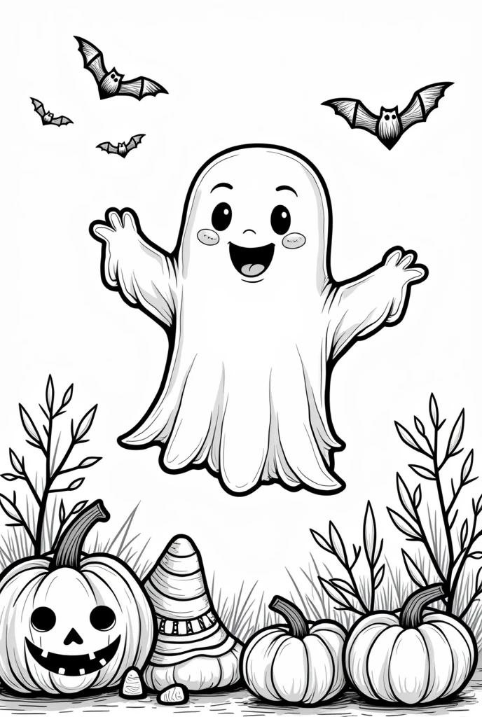 arte de contorno em preto e branco para crianças página de coloring book halloween Páginas para colorir para crianças, completely white, styled , white background, fully body, styled Sketch, (((((white background))))), use only outline, styled cartoon, line art, coloring book, line art limpa, white background
