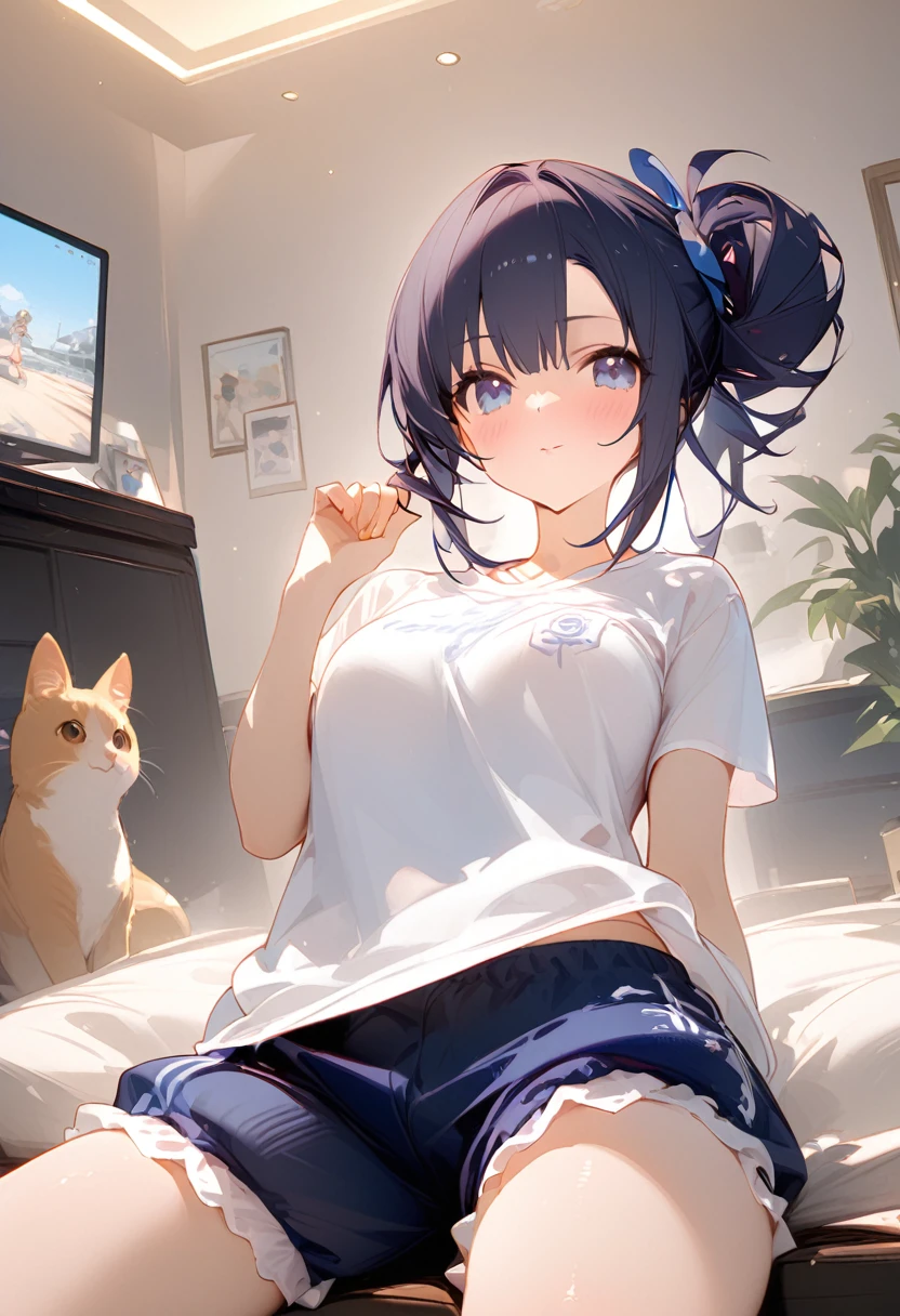 masterpiece、Mastepiece、woman、For a cute face、Random hairstyle、Wear a white T-shirt、Wear navy blue bloomers、It's an old Japanese gym uniform.、Background is ground