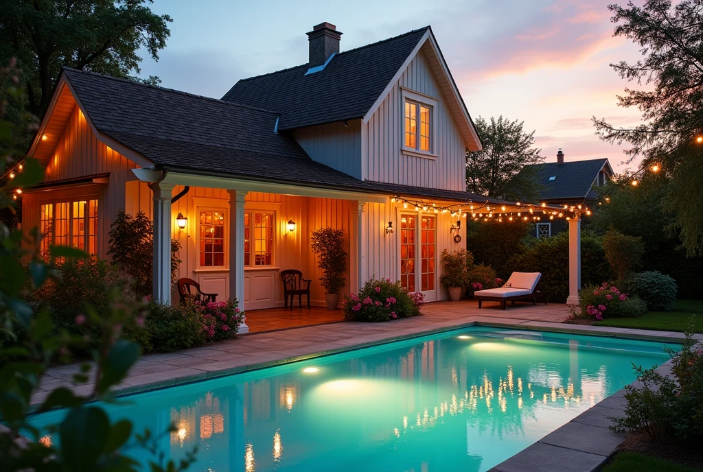 Casa vintage, with swimming pool, linda, at dusk