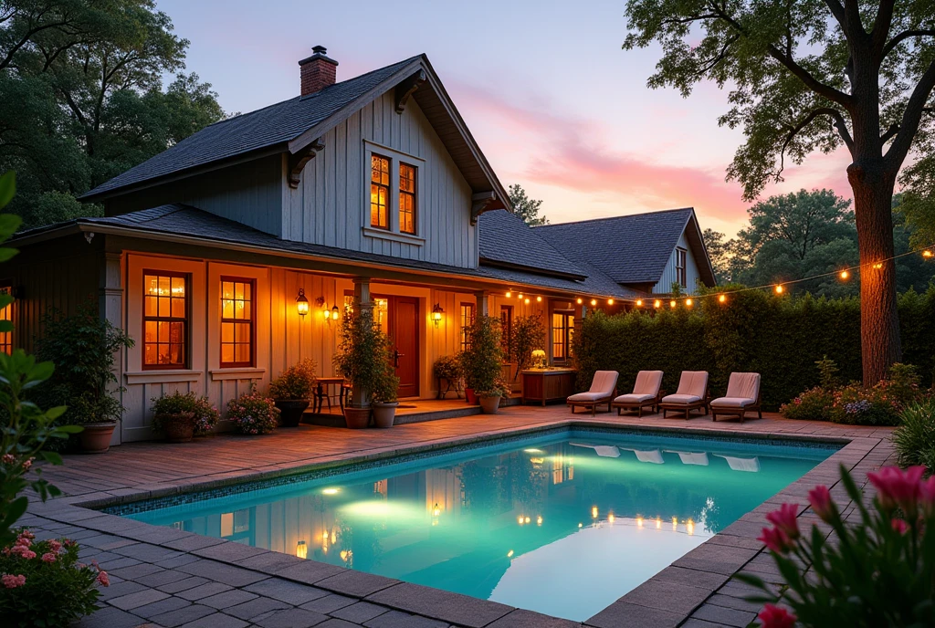 Casa vintage, with swimming pool, linda, at dusk