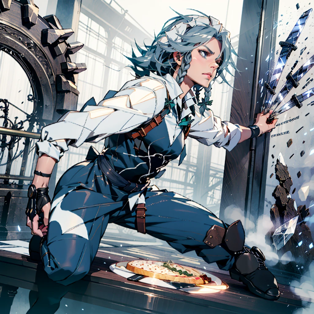 アニメ (8k, chef-d'œuvre, Meilleure qualité, haute résolution), fantaisie,
Mignon face, kawaii, Mignon, De très grands yeux, Yeux d'anime esthétiques, petit visage,
1fille, seulement,
Izayoi Sakuya,
yeux bleus, Femme de ménage headdress, tresser, cheveux gris, Femme de ménage, twin tressers, Cheveux courts, poignets, arc, hair arc, manches courtes, ruban, tablier,
tenant un couteau,
horloge,
sérieux,
(particules légères),lignes de mouvement ,Angle dynamique, bataille, Vent, Lutte,
(tir de cow-boy), regarder le spectateur,