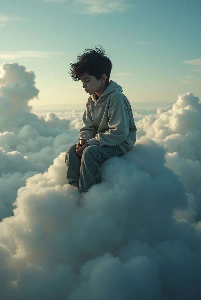 Sad boy on top of a gray cloud