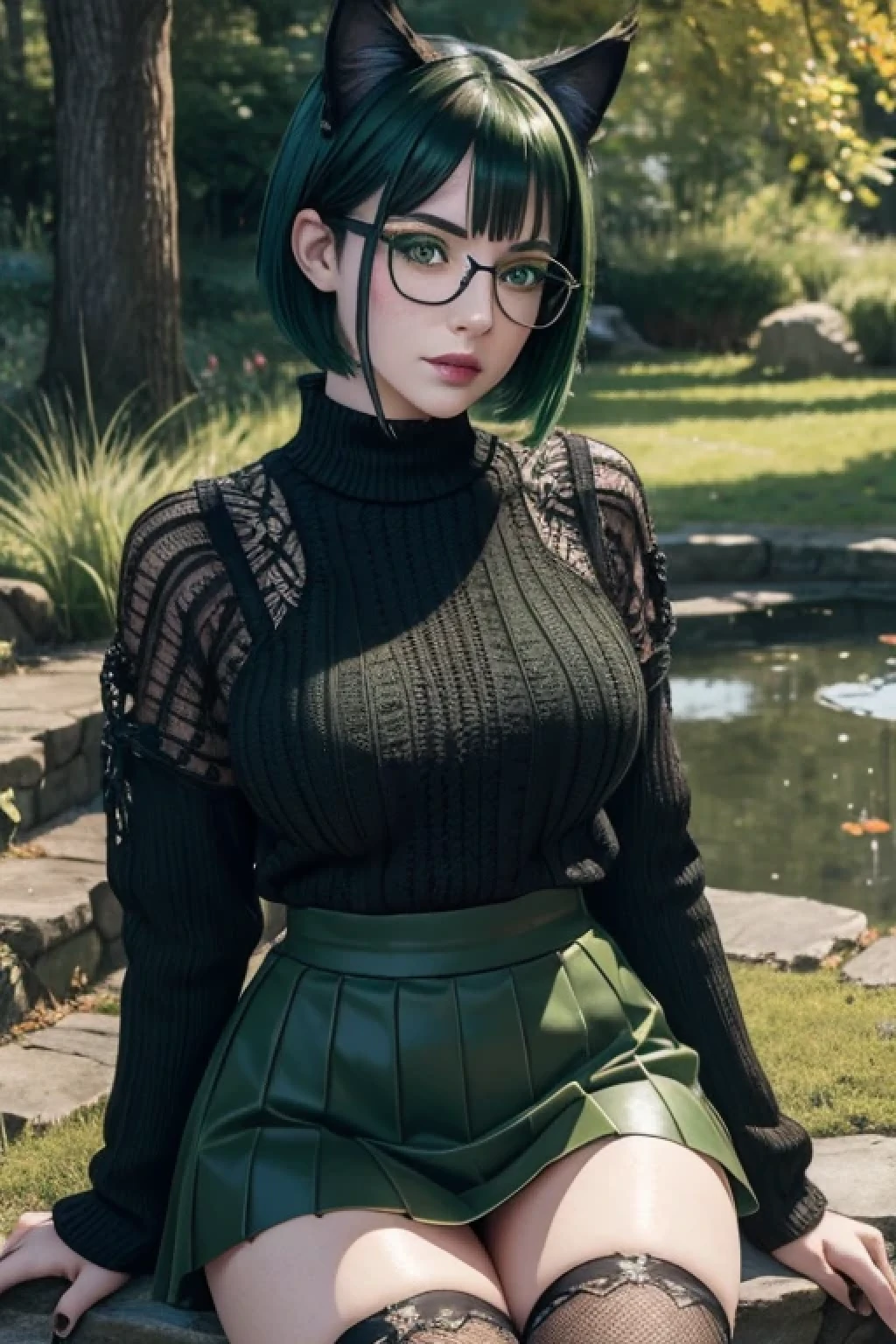 1 goth miqo'te woman, cat ears with green tips, black and green short wolf cut hair with green highlights, freckles, pale skin, black cat tail, (glasses), green eyes, green lipstick, thick thighs, masterpiece), (detailed face:1.2), beautiful, clear image, (best quality:1), extremely detailed face, pov, looking at viewer, twilight, autumn, sitting by tree next to pond, dragonflies, outside, tattoos, black Aran knit sweater, fishnet stockings, short skirt
