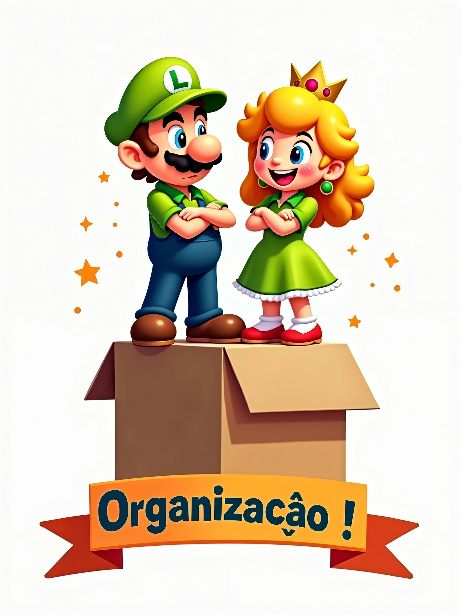 A charming and vibrant illustration inspired by the 90s, featuring a charming mario and princess, holding box, pixel art, a playful smile, they are wearing a lime green polo shirt, dark green collar, arms crossed, a large banner at the bottom saying  “Organização !”, giving a touch of humor to the image, cheerful, full of life and reminiscent of vintage paintings on a clean white background.