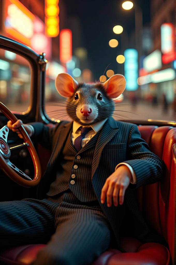 A cool rat with a mustache and a suit in a classic car