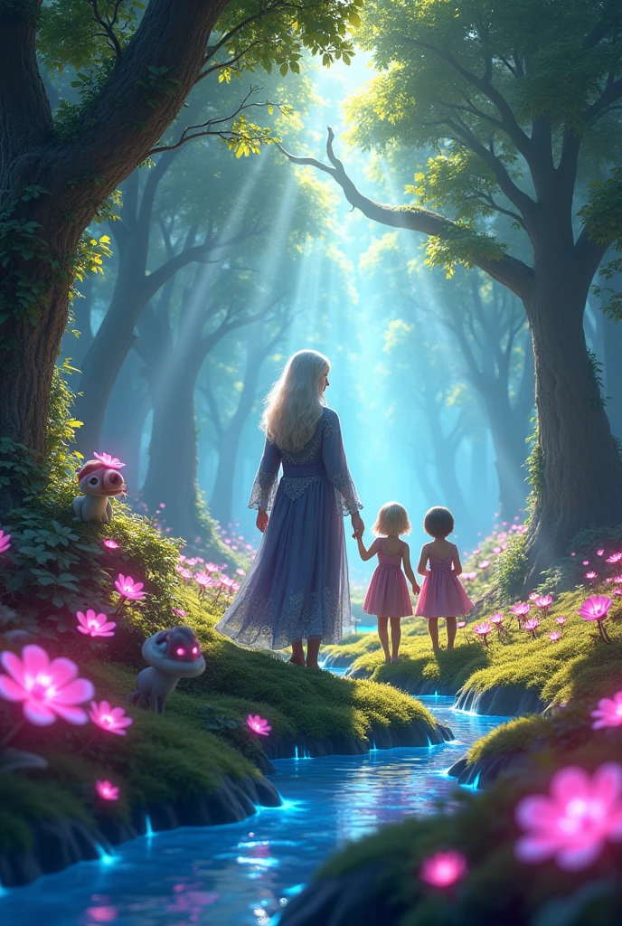 (photorealism:1.2), "Design a colorful, 3D landscape where Elder Elara guides children through an enchanted forest. The forest is lush and filled with magical creatures, glowing flowers, and sparkling streams."