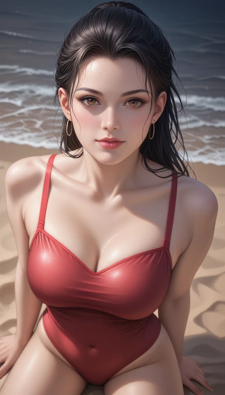score_9, score_8_superior, score_7_superior, High-resolution CG illustration,A masterpiece in 32K resolution,Highest quality,it is really amazing,Very detailed,Ultra-high resolution,Ultra-realistic,Realistic,Increased depth of field,Cinematic lighting,
Sexy mature Japan woman,
Long black hair,Showing his forehead,Ultra-detailed and beautiful face,Calm and gentle look,Beautiful brown eyes,Translucent white skin,Realistic skin texture,Great proportions,
Elegant red swimsuit,
Simple design,Chic color scheme based on red,Detailed fabric texture,
(Dark overcast sky on a dull night:1.1),(Dark clouds filling the sky:1.1),Thundercloud,Coastline at night,Stormy seas,delay々A desolate sandy beach that continues,
Kneeling on the sand,High angle,
