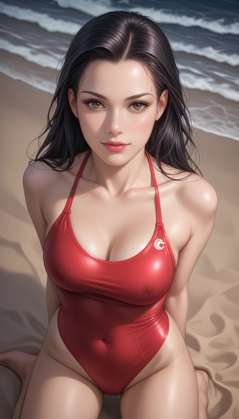 score_9, score_8_superior, score_7_superior, High-resolution CG illustration,A masterpiece in 32K resolution,Highest quality,it is really amazing,Very detailed,Ultra-high resolution,Ultra-realistic,Realistic,Increased depth of field,Cinematic lighting,
Sexy mature Japan woman,
Long black hair,Showing his forehead,Ultra-detailed and beautiful face,Calm and gentle look,Beautiful brown eyes,Translucent white skin,Realistic skin texture,Great proportions,
Elegant red swimsuit,
Simple design,Chic color scheme based on red,Detailed fabric texture,
(Dark overcast sky on a dull night:1.1),(Dark clouds filling the sky:1.1),Thundercloud,Coastline at night,Stormy seas,delay々A desolate sandy beach that continues,
Kneeling on the sand,High angle,
