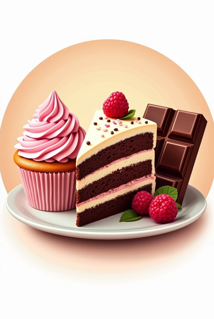A logo for a bakery with a slice of cake in the middle, a pink cupcake and a chocolate bar (that there is no text of any kind)