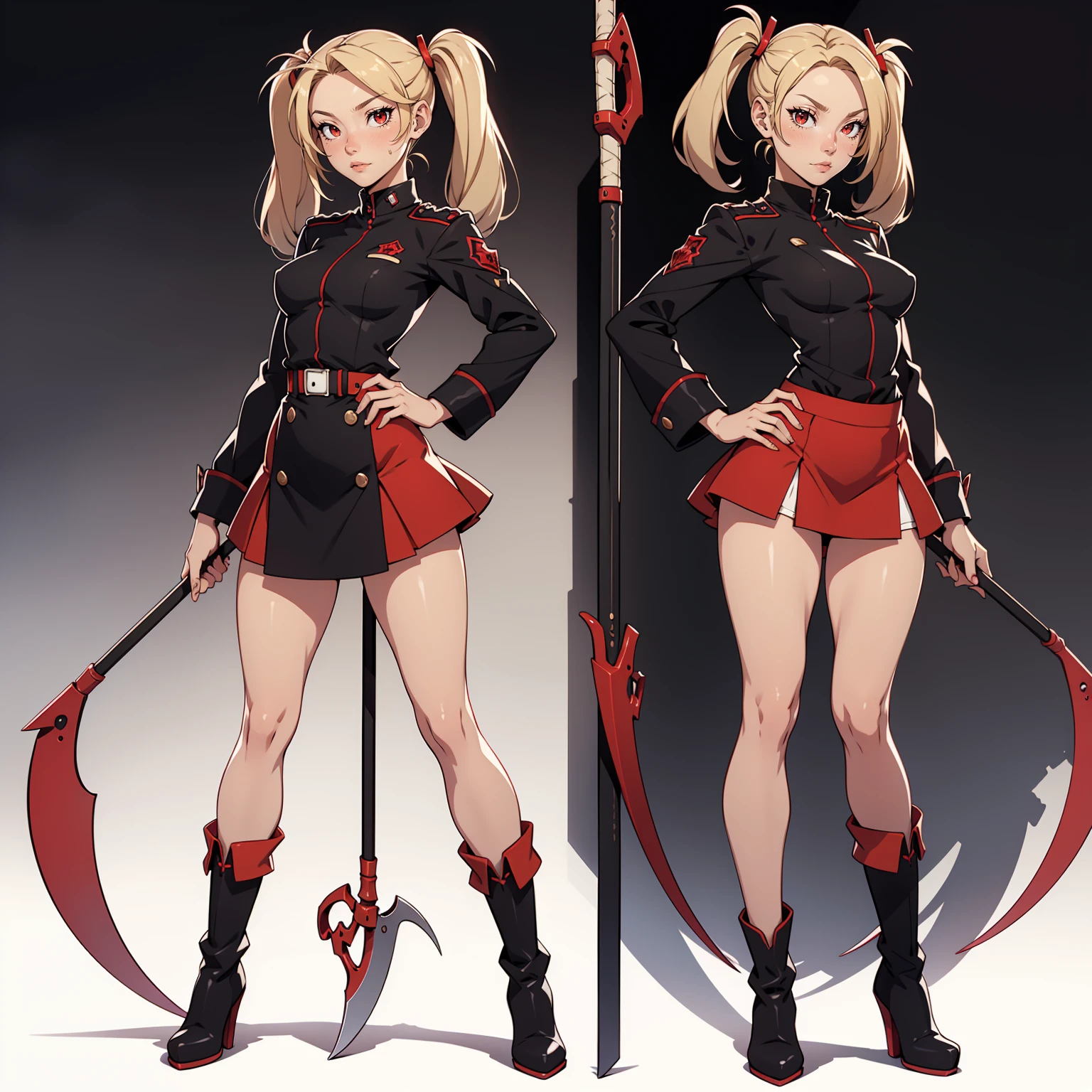 Very detailed, neutral facial expression, figure, full body view, small breasts, blonde hair with twintails, red eyes, looking at viewer, black and red uniform, skirt, black boots, holding scythe, sexy pose.