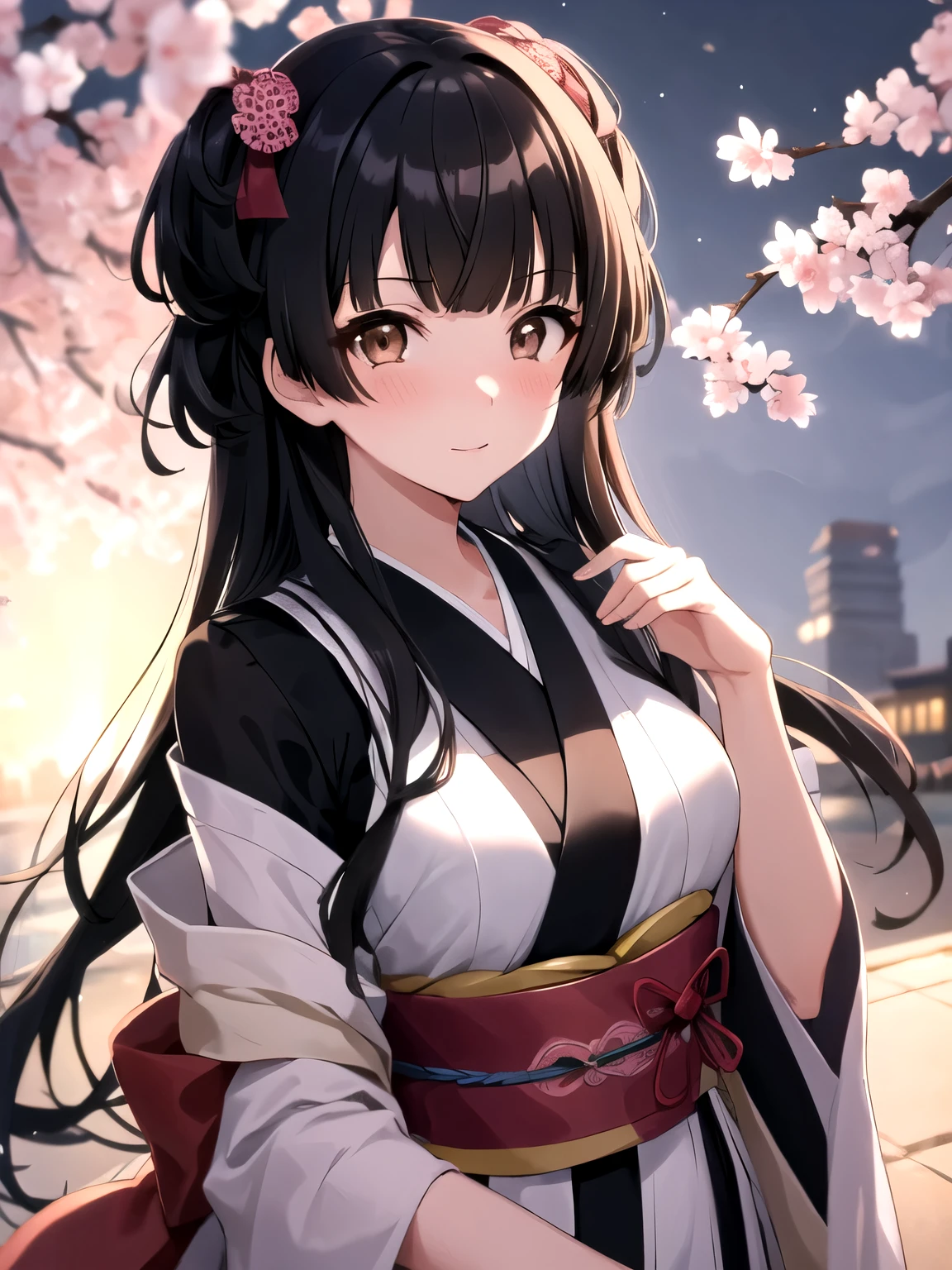 (very detailed background), fuyuko mayuzumi, black hair, (brown eyes:1.5), long hair, two side up, 1girl, solo, beautiful body, beautiful nose, perfect eyes, perfect face, perfect, body, mature, mature face, make up, (gorgeous detailed skin), (detailed hair), looking at viewer, soft smile, blush, ray_tracing, intricate details, depth of field, soft lightning, medium breasts, kimono, sakura tree, upper body