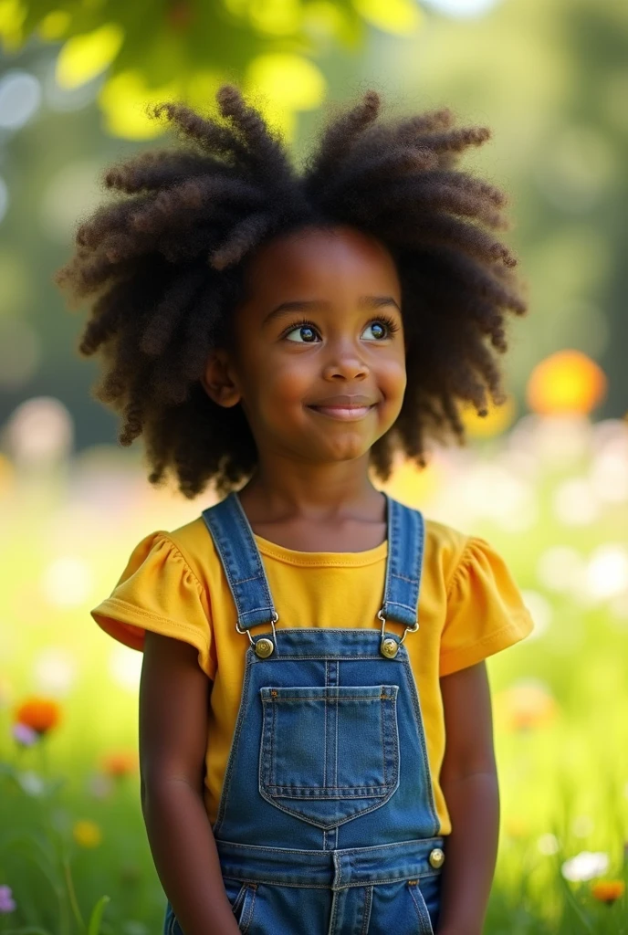  4  black girl, curled hair, with yellow blouse and dungarees, is not smiling