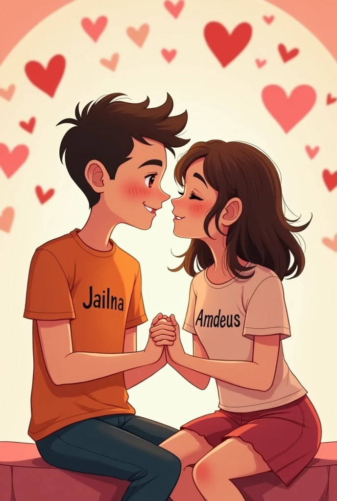 Drawing image of a couple in love holding hands, facing forward, the boy wearing a shirt with the name Jailma and the girl with a shirt with the name Amadeus, both the same size, tall and thin. He is brunette with no hair on his head and dark brown eyes. She has short, small hair that reaches her shoulder and brown eyes. She is a lighter brunette, almost white. The background of the image has hearts. They are sitting and hugging.