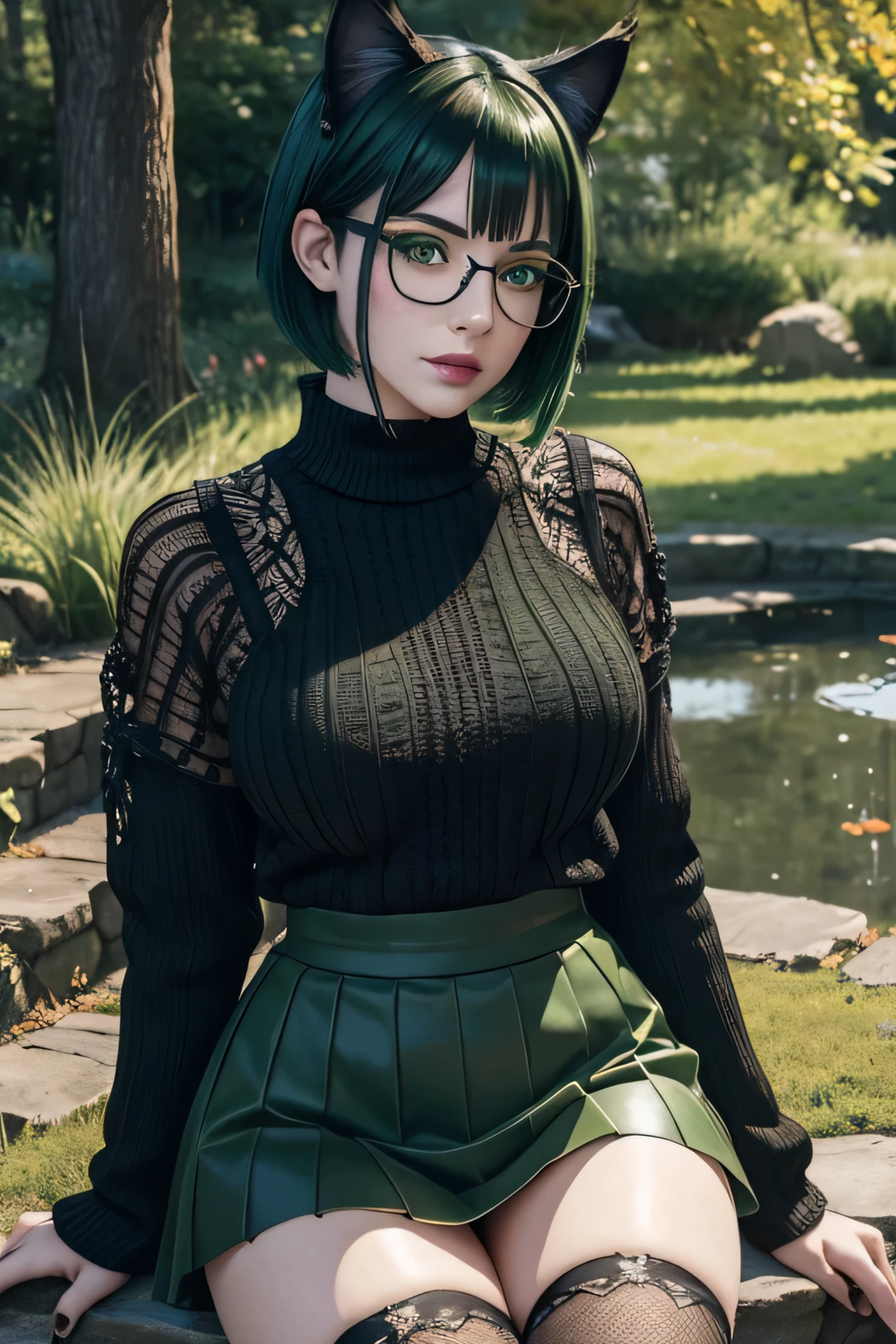 1 goth miqo'te woman, cat ears with green tips, black and green short wolf cut hair with green highlights, freckles, pale skin, black cat tail, (glasses), green eyes, green lipstick, thick thighs, masterpiece), (detailed face:1.2), beautiful, clear image, (best quality:1), extremely detailed face, pov, looking at viewer, twilight, autumn, sitting by tree next to pond, dragonflies, outside, tattoos, black Aran knit sweater, fishnet stockings, short skirt