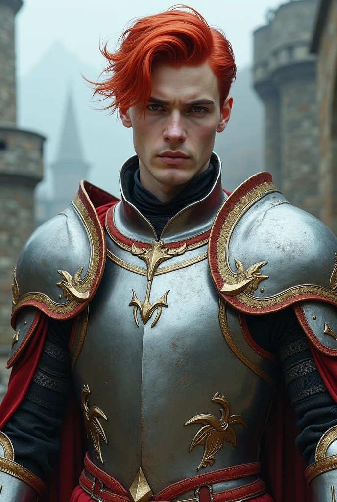 20 year old man, Lean with defined muscles, White skin. Red hair, short, With a slicked back hairstyle and side bangs. Red eyes, fine features.  Smirks confidently, revealing one of his fangs. Wears elegant but stylized armor, with intricate details that reflect her dragon heritage. This could include silver armor plates with red and gold details, with details in the form of scales or wings.