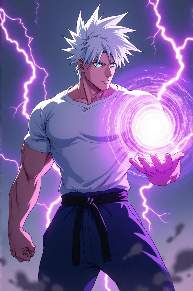 body white skin, 80 kg muscular body, and white gojo satoru hair, blue eyes, white T-shirt ,black leg karate suit ,shoot purple lightning storm sphere from hand, anime style