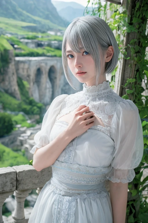 ((high quality)),Tabletop,(Detailed depiction of the local area:1.2),One Girl,blue eyes,Ample breasts,Enchanted Valley,Mouth closed,eyelash,View your viewers,Portraiture,alone,Upper Body,Gray Hair,White Theme,short hair,Silver Hair,yorha no. 2 Type B,Highlight the valley、Small waist、Long legs、