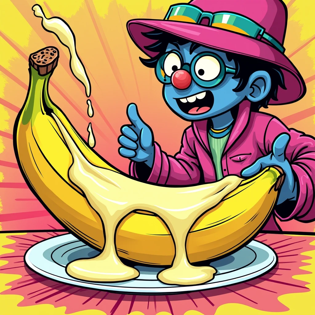 Open banana with condensed milk, in the style of 80s comics 