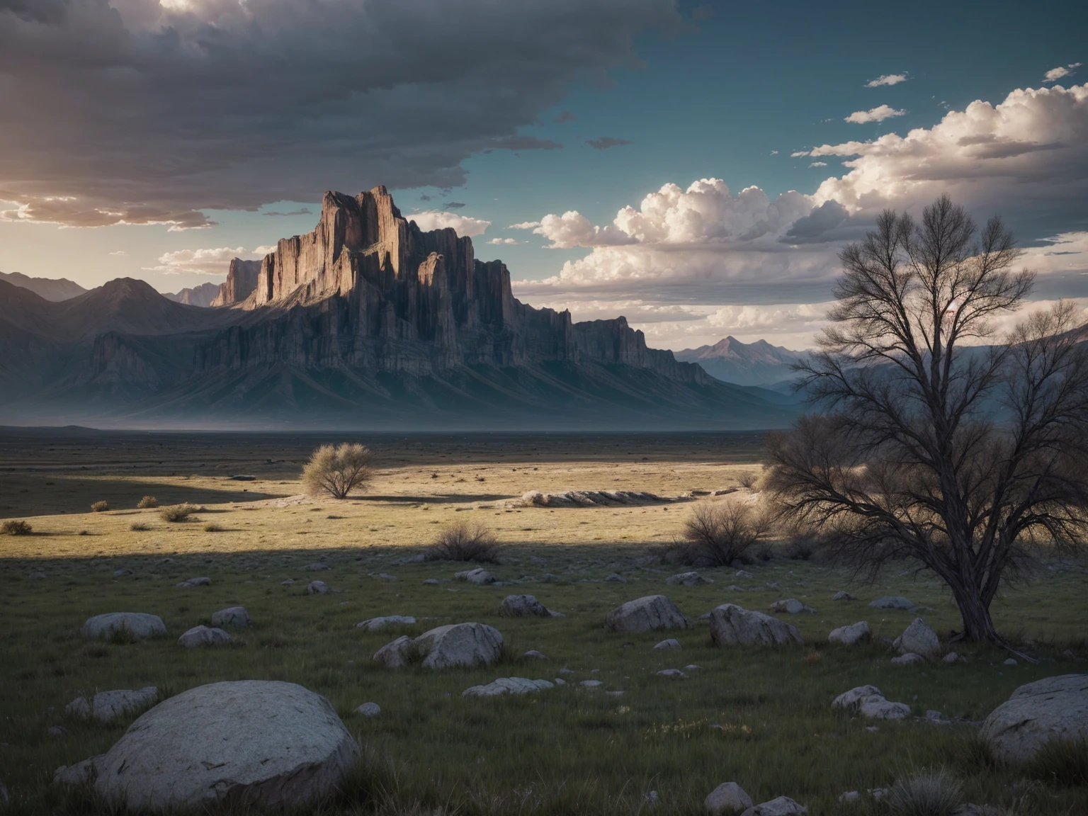 a beautiful detailed landscape, a vast desolate desert, rocky mountains in the background, a large and beautiful tree, green grass around the tree, atmosphere and dramatic lighting, photorrealistic, 8k, ultradetailed, extremely detaild, details Intricate, cinematographic, Dramatic, temperamental, Epic scale, inspirational, espiritual, biblical, Genesis chapter 1.
