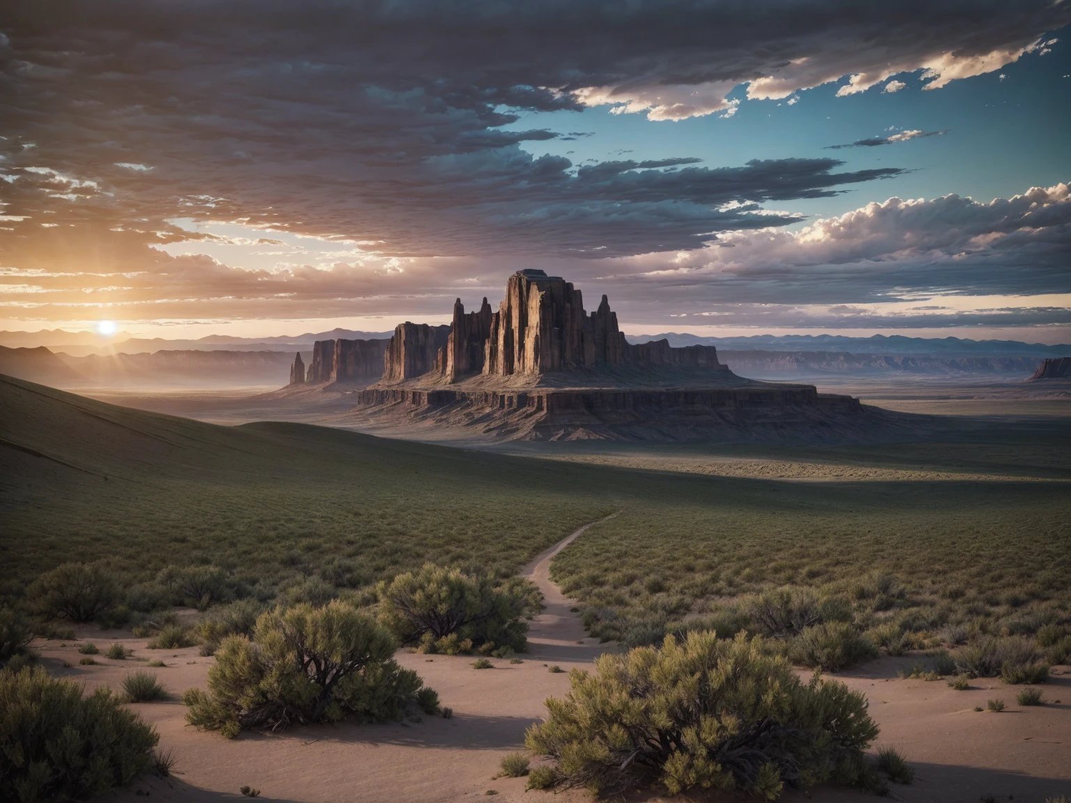 a beautiful detailed landscape, a vast desolate desert, rocky mountains in the background, a large and beautiful tree, green grass around the tree, atmosphere and dramatic lighting, photorrealistic, 8k, ultradetailed, extremely detaild, details Intricate, cinematographic, Dramatic, temperamental, Epic scale, inspirational, espiritual, biblical, Genesis chapter 1.