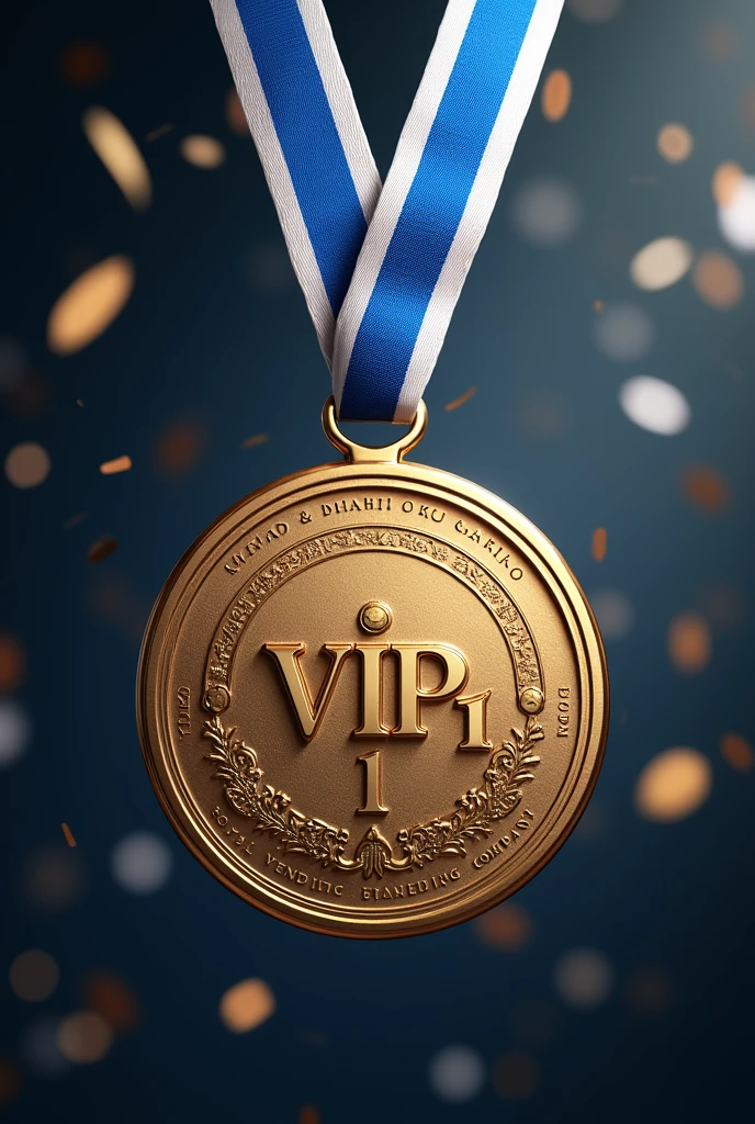(Photorealism:1.2), beautiful medal with two-color ribbon((blue and white colors))necklace pendant "VIP 1", ((Hyper-Realism)), make this medal as a celebration of "VIP 1" from the company, paying homage, Write the name : ((Raphael Fraga Damaceno, from Royal Vending Company)).