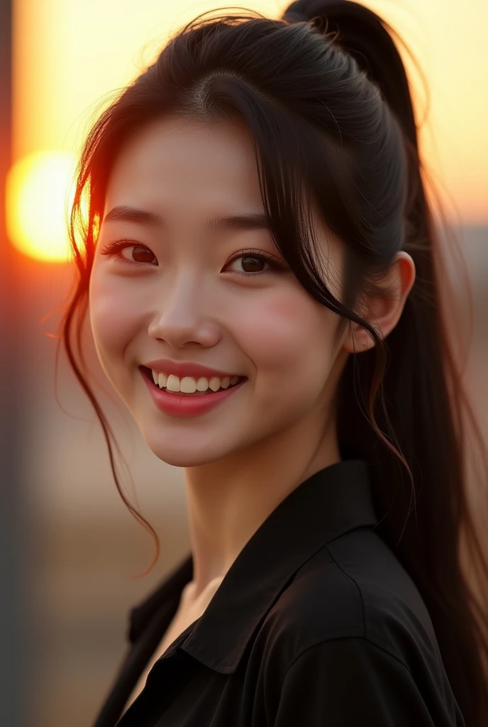 Best Quality, Ultra High Definition, (Photorealistic:1.4),Sunset Light, Ponytail, Korean Women, Detailed Photo, Smiling, Sexy, Black Shirt, Facing Camera, Close-up (Masterpiece: 1.3), (8K, Photorealistic, Best Quality: 1.4), (1girl), Beautiful Face, (Realistic Face), (Black Hair, Short Hair: 1.3), Beautiful Hairstyle, Realistic eyes, beautiful detail eyes, (realistic skin), beautiful skin, (sweater), absurd, attractive, ultra high resolution, ultra realistic, high definition, golden ratio