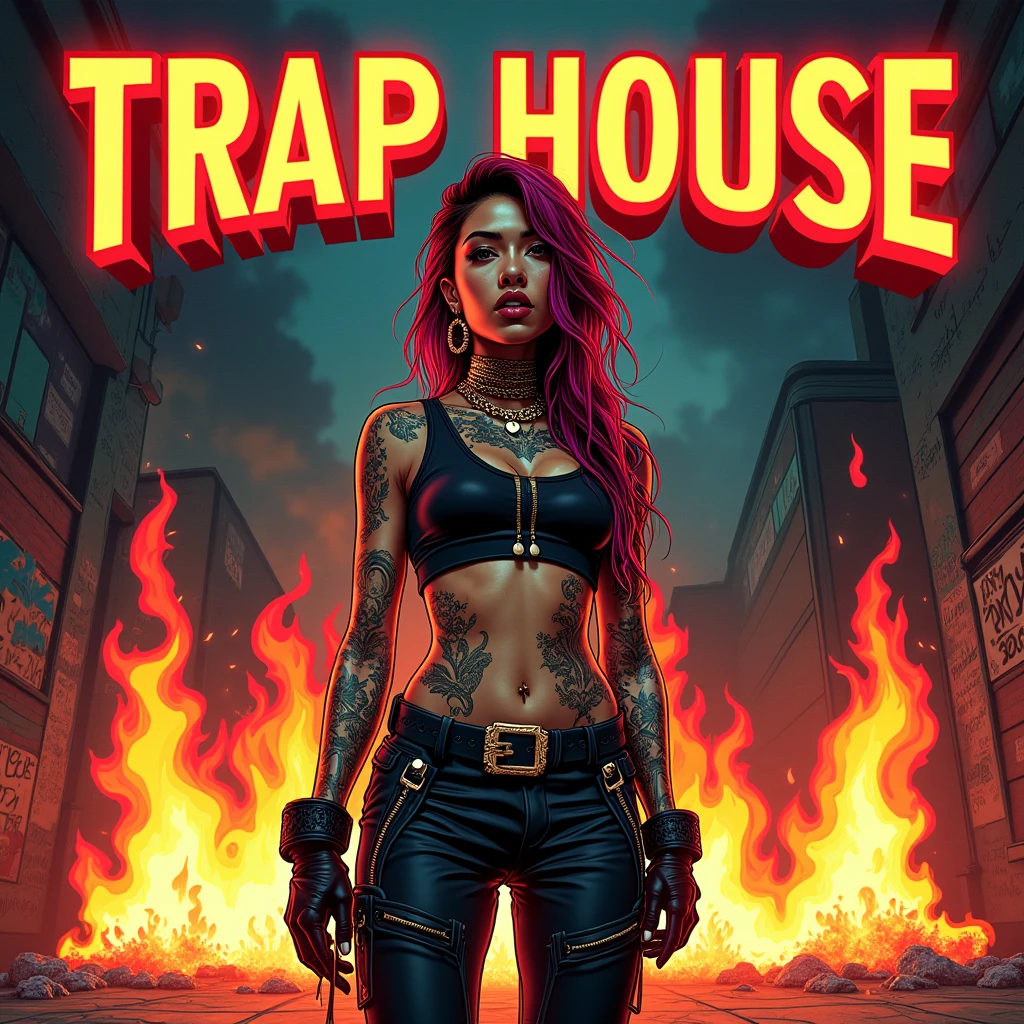 Asian Girl Rapper, sexy, super pretty, face_tattoos, action, fire, cartoon, Album cover, "TRAP HOUSE", Letters say TRAP HOUSE, Album Cover, dark, full body, comic style, gangster, tech wear outfit, dynamic