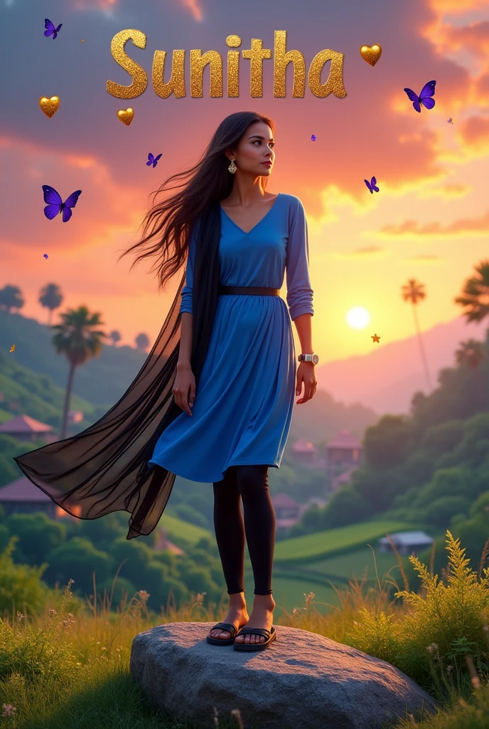 Beautiful cute short girl aged 18 , stand on stone in middle of hills, have long hair and wears ear rings and wears smart watch to her left hand and wears blue colour full hands dress and black scarf which is flying due to air and black colour legin pand and wears Black colour chappal and seeing right side and sky in sunset mood, in background village and trees and green crops and House written SUNITHA name on the sky at her background with 3D metallic golden glitter with metallic silver heart, metallic purple butterfly, metallic green peal. Everything in front 3D rendering, typography, 3d render, poster, fashion