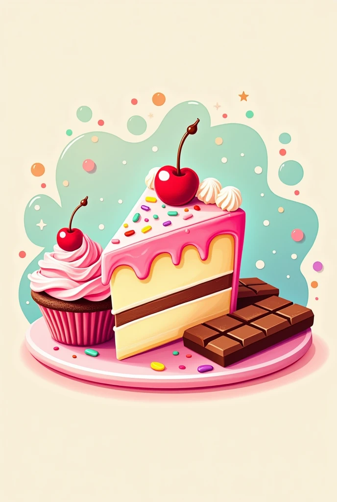A logo for a bakery with a slice of cake in the middle, a pink cupcake and a chocolate bar (that there is no text of any kind) and make it more lively