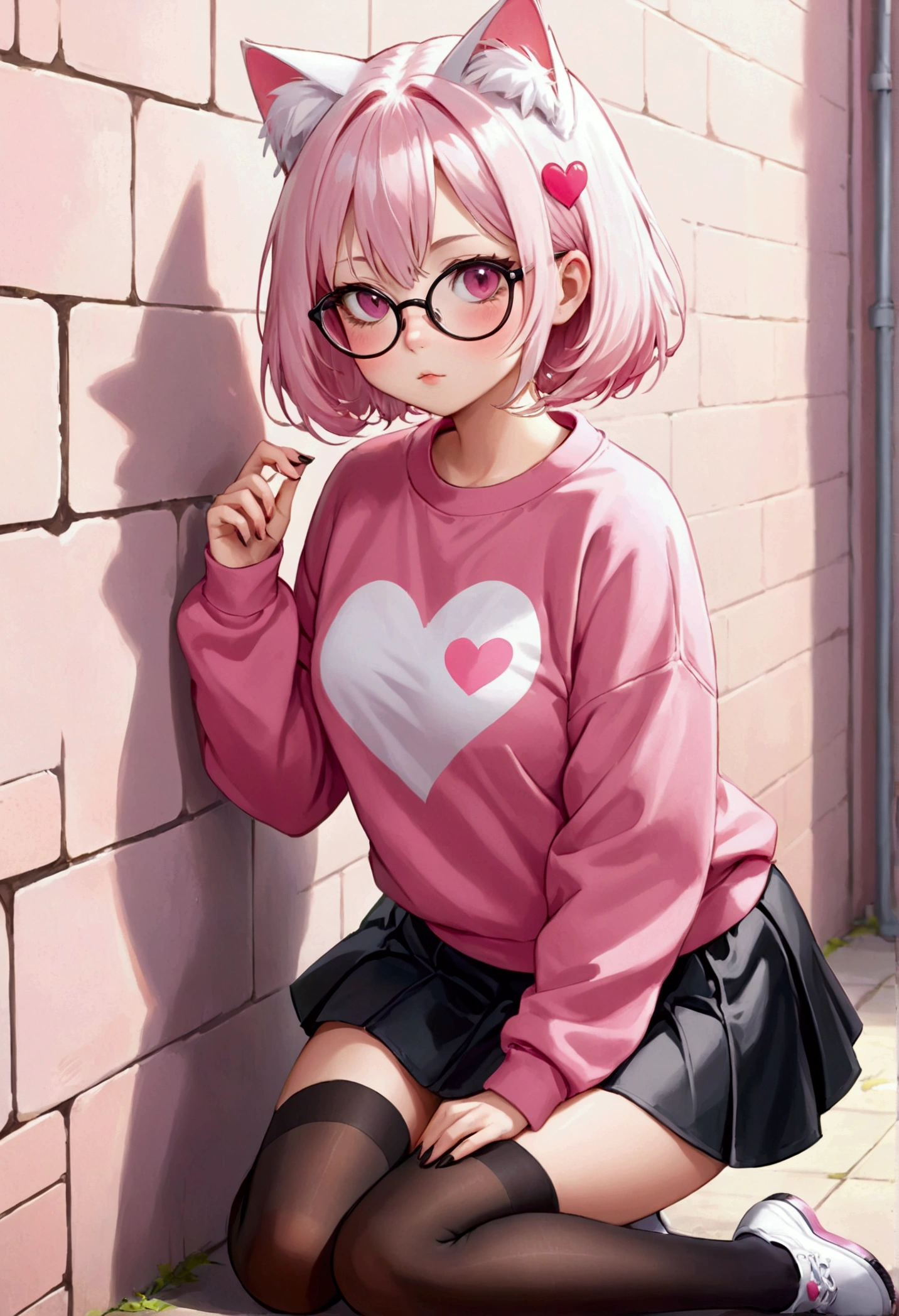 I have white pink hair, cat ears, A good, My face is super flushed, black glasses, pink heart eyes, a big pink sweatshirt, a black skirt, black stockings, White shoes, A cat'cola, A woman. very shy that is stuck to a wall with her