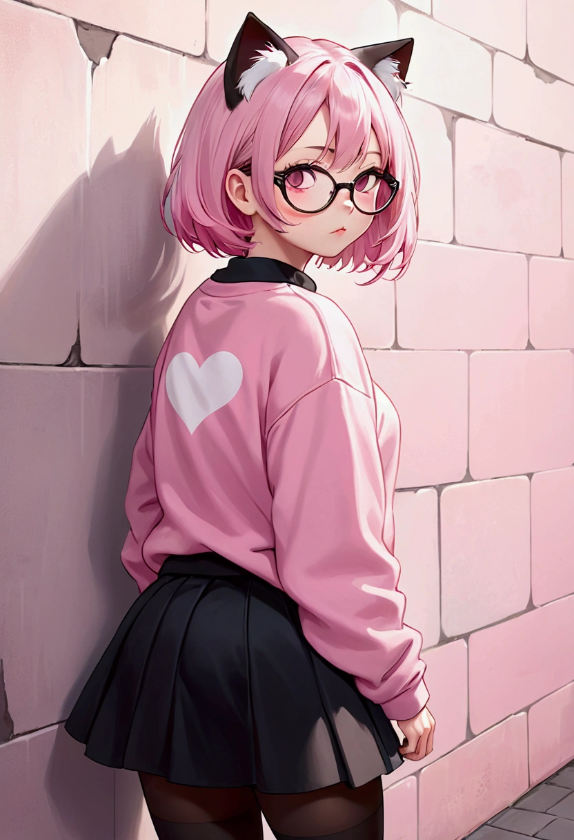 I have white pink hair, cat ears, A good, My face is super flushed, black glasses, pink heart eyes, a big pink sweatshirt, a black skirt, black stockings, White shoes, A cat'cola, A woman. very shy that is stuck to a wall with her butt