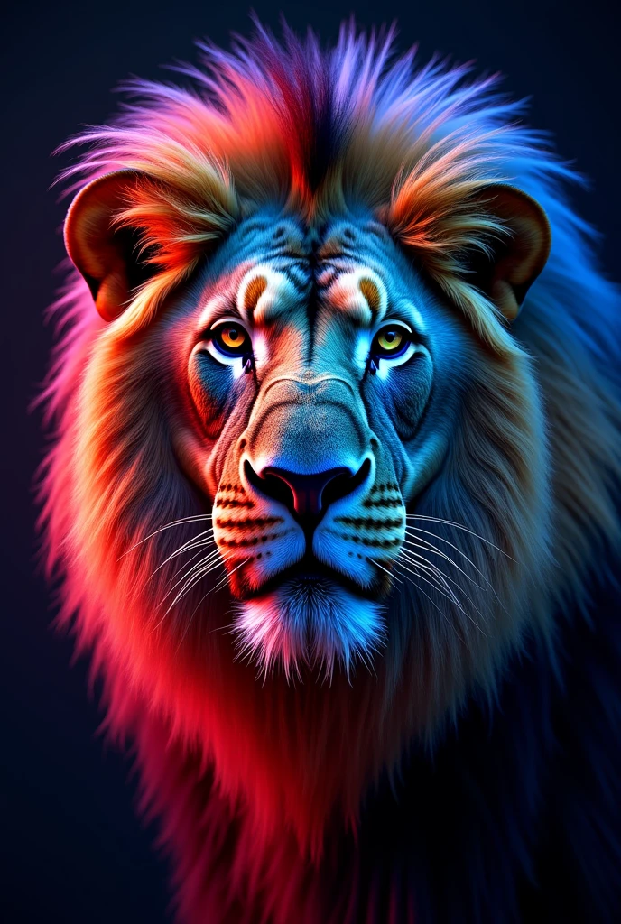 A lion head with a black background, neon lights in the background, natta, Portrait, Lion from the front,
