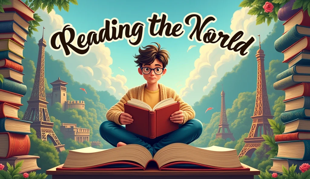 I want a banner for a YouTube channel called 'Reading the World'", so make the banner for me highlighting the channel name in Portuguese and make it very illustrative and if, for some reason, for putting a character, put a male character.