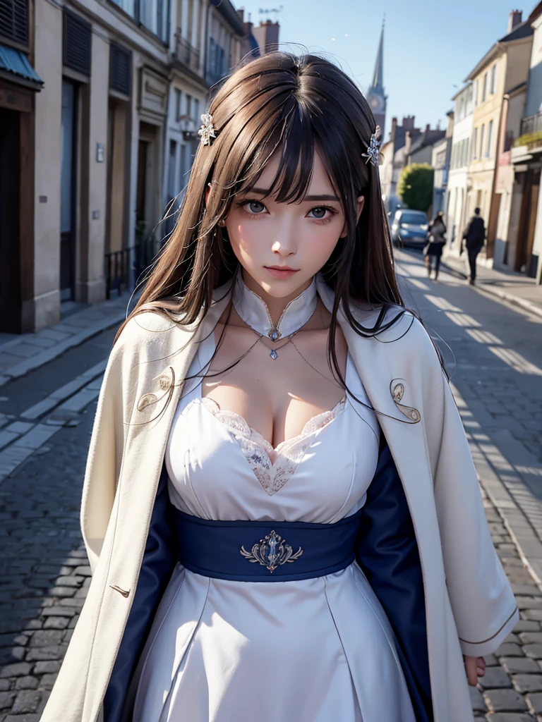 Assassin's Creed coréen du Sud marche femme mystère capuchonnée avec un manteau bleu royal moderne avec des manches longues et larges avec des boutons et une cape bleu royal et des talons blancs très hauts au-dessus du genou et des gants blancs, Alors qu'elle révèle une lame secrète cachée provenant de sa paume , ajoutant au mystère des personnages, avec de petits mouvements d'air sur la cape, en été la nuit sous la pluie, avec des bâtiments aux toits incurvés et une architecture détaillée. sophistiqué et très détaillé, Ultra HD, Réaliste, hyper détaillé, couleurs améliorées, mise au point ultra nette, avec vibrant, Riche en détails Haute qualité, magnifique, captivant, 8k, Super détaillé, des ombres époustouflantes, lignes détaillées, tache de sang sur le manteau et les gants, cadavres dans la rue récemment assassinés