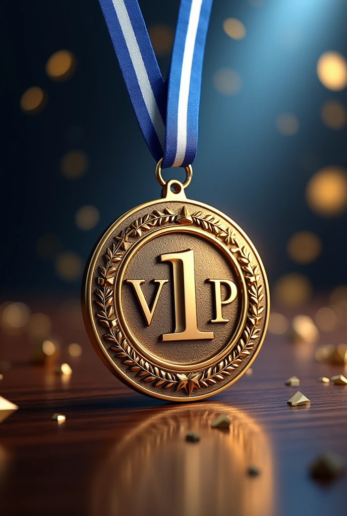 (Photorealism:1.2), beautiful medal with two-color ribbon((blue and white colors))necklace pendant "VIP 1", ((Hyper-Realism)), make this medal as a celebration of "VIP 1" from the company, paying homage, Write the name : ((Raphael Fraga Damaceno, from Royal Vending Company)).
