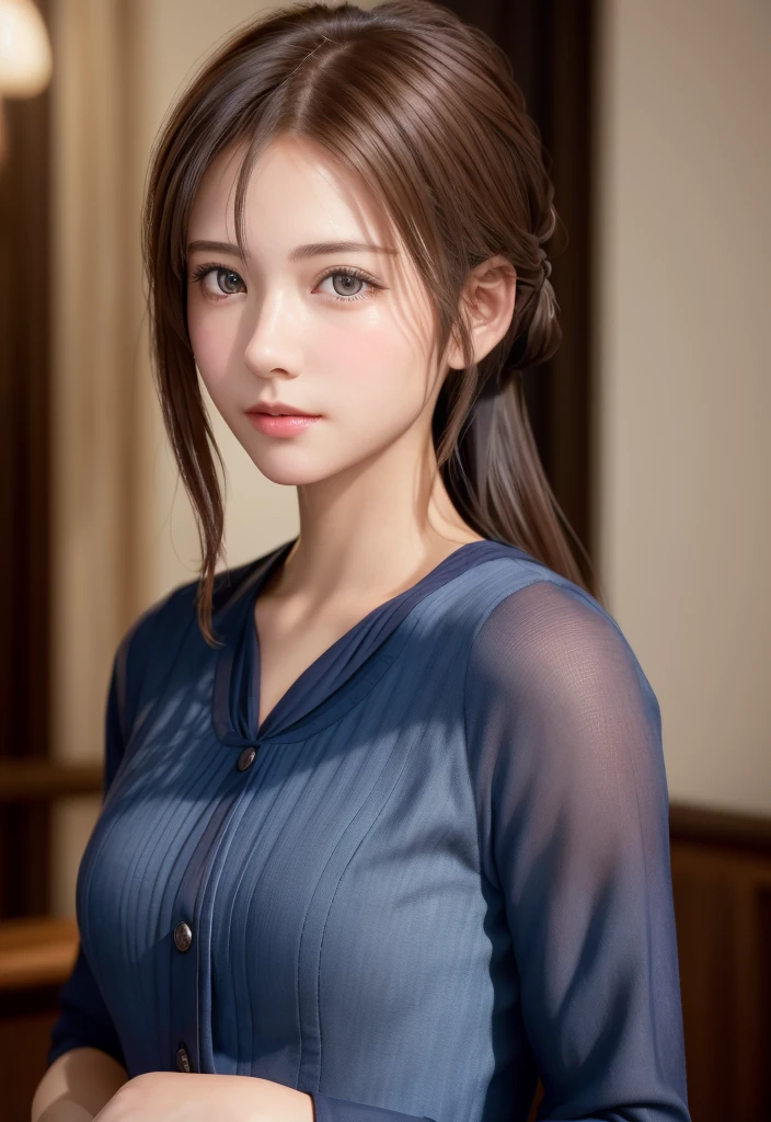8K, of the highest quality, masutepiece:1.2), (Realistic, Photorealsitic:1.37), of the highest quality, masutepiece, Beautiful young woman, Pensive expression,、A charming、and an inviting look, Cute Maid Clothes, Hair tied back, Cinematic background, Light skin tone
