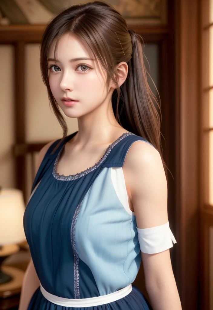8K, of the highest quality, masutepiece:1.2), (Realistic, Photorealsitic:1.37), of the highest quality, masutepiece, Beautiful young woman, Pensive expression,、A charming、and an inviting look, Cute Maid Clothes, Hair tied back, Cinematic background, Light skin tone