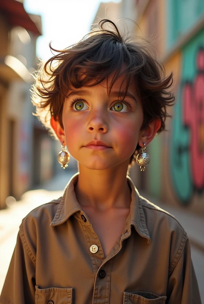 A boy, with green eyes and brown around the pupil, curly brown hair, shorth hair, wearing earrings, with a loose clothing style