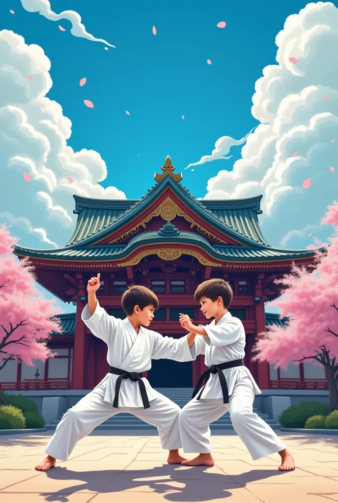 create a poster for karate classes with a boy and a girl in white kimonos (no logos) in a japanese temple wiht a blue sky