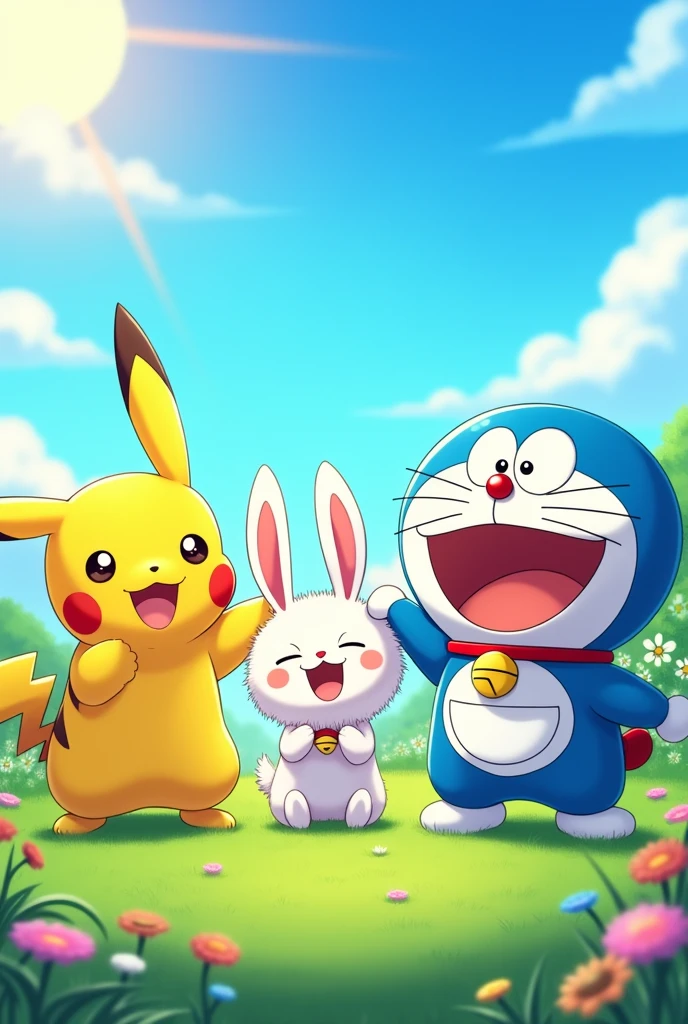 Pikachu left, a Cute Rabbit and Doremon from Doaremon anime. Three are having same size and smiling face