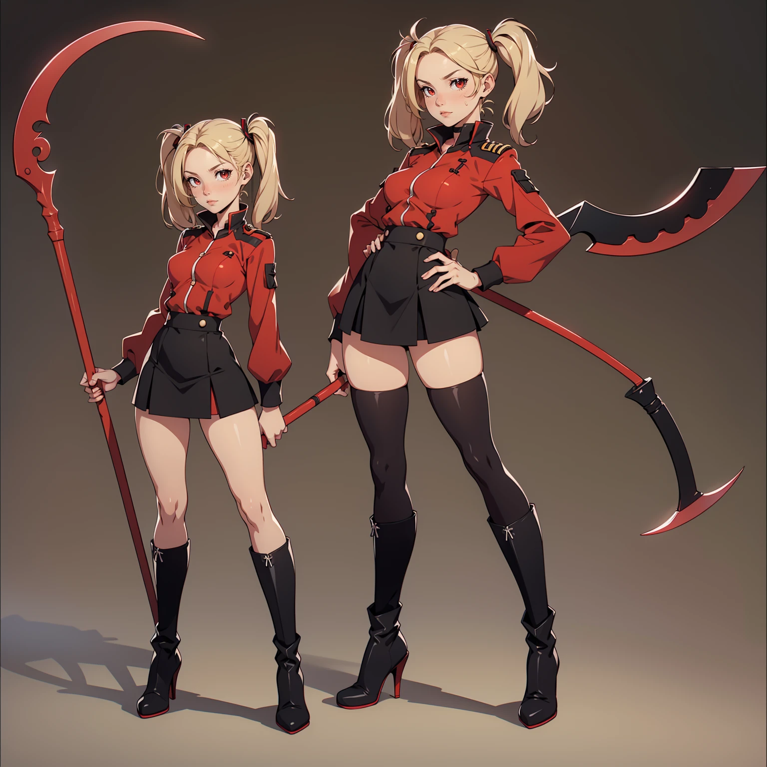 Very detailed, neutral facial expression, figure, full body view, small breasts, blonde hair with twintails, red eyes, looking at viewer, black and red uniform, skirt, black boots, holding scythe diagonally, sexy pose.