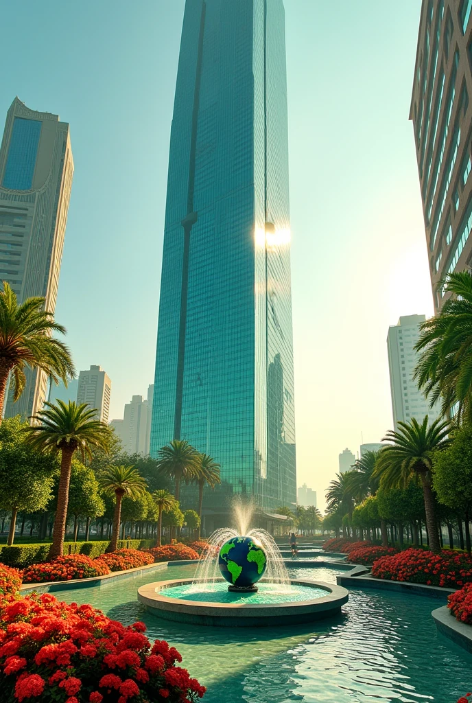 Generate a 105-story building as a summit of lime green and cyan glass with a plaza with flowering shrubs below and a circular fountain with water and a dark blue and lime green globe