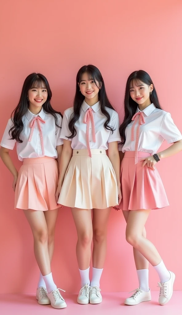 Three young women in school uniforms posing for a photo., official artwork, uniform JK, official fanart, kda, official, Red velvet, soft on _ the bottom, Seifuku, promotional shot, sakimichan, Profile picture, eeri, korean Idol, ulzzang, Idol, Jaeyeon Nam, K-pop, solid background, -north 2
